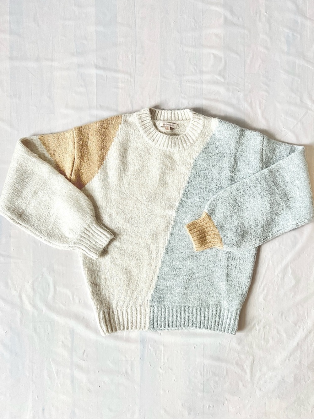 Skies Are Blue Colorblock Sweater pullover knit Soft Crewneck Grey Cream Tan XS